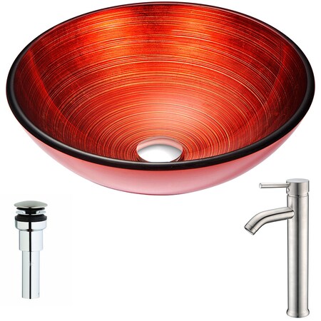 Anzzi Echo Deco-Glass Vessel Sink in Red with Fann Faucet in Brushed Nickel LSAZ057-040